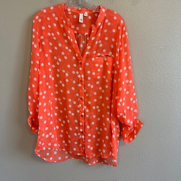 Kut From The Kloth Women's Sheer Jasmine Button-Up Blouse Peach Polka Dot‎ XL - Picture 2 of 7